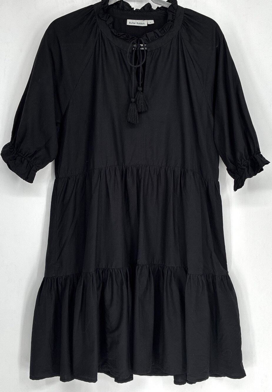 Roller Rabbit Janni Dress M Black Tiered Peasant Tassel Ruffle Boho Knee Lgth